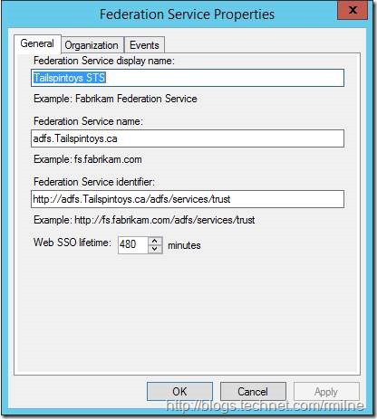 Server 2012 ADFS Role Properties - Showing Display Name And Federation Service Name
