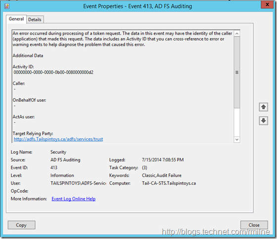 ADFS 2012 R2 EventID 413 - Error Processing Token Request