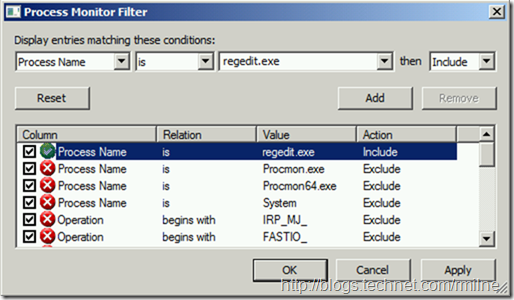 Process Monitor Filter - Include Regedit.exe
