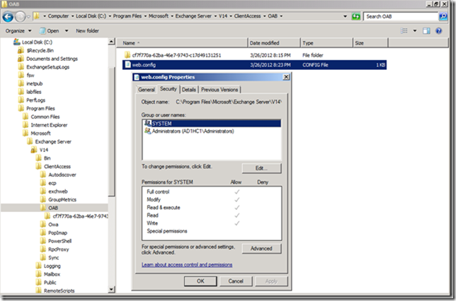 Exchange OAB web.config NTFS Permissions