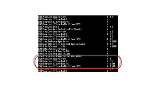 Exchange 2010 Throttling Policy Output Showing OWA Values 