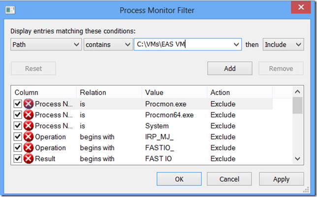 Process Monitor Filter Set to Hyper-V VM Directory