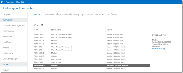 Exchange 2013 Exchange Administration Centre Showing Server Build Version Information