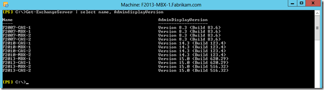 Exchange 2013 Exchange Management Shell Showing Server Build Version Information