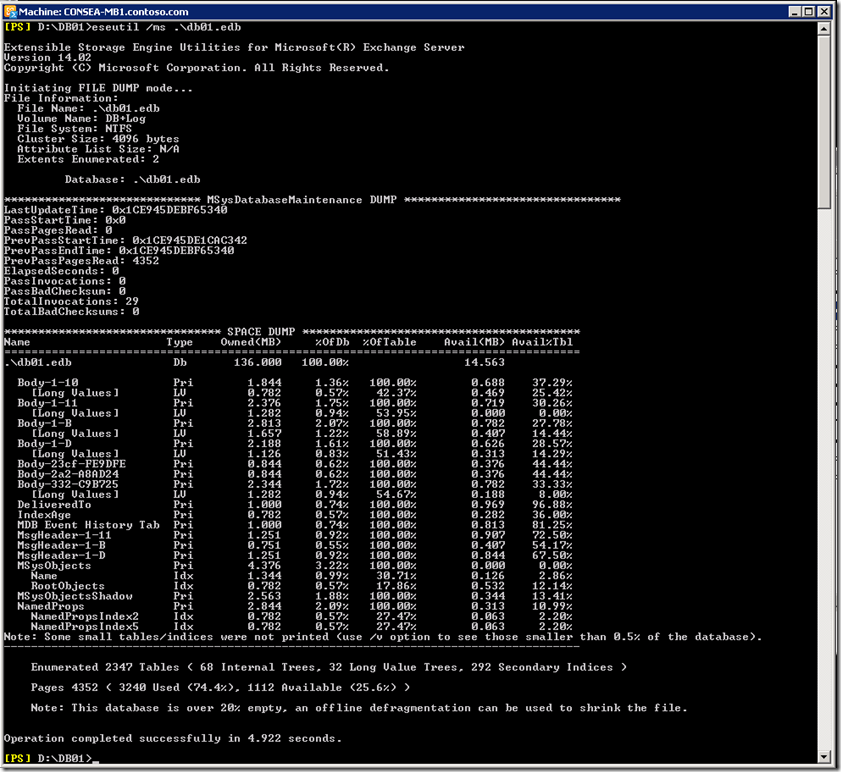 Using ESEUTIL /MS To Check White Space In Exchange 2010