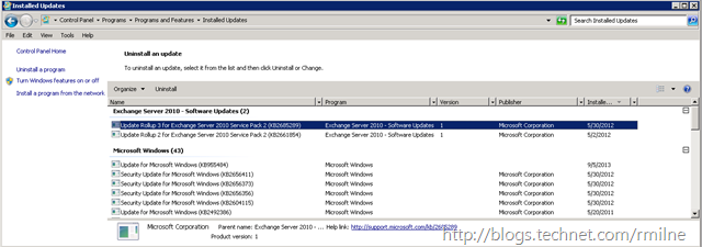 Exchange 2010 Rollup Updates Shown In Add/Remove Programmes
