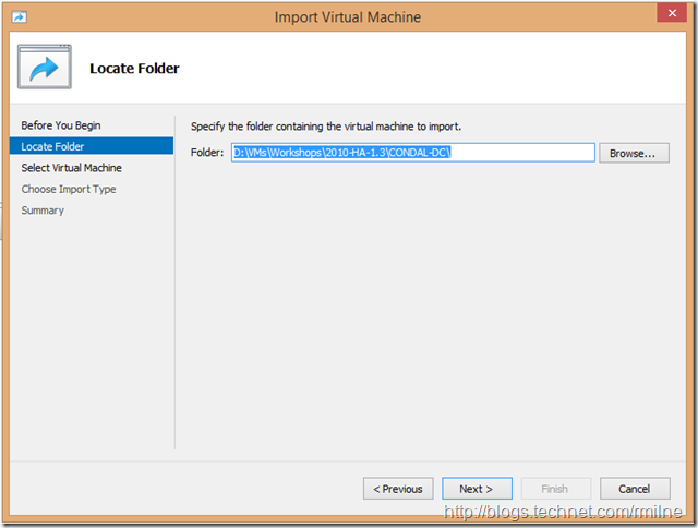 Windows 8.1 Hyper-V Import VM Wizard - Select Folder