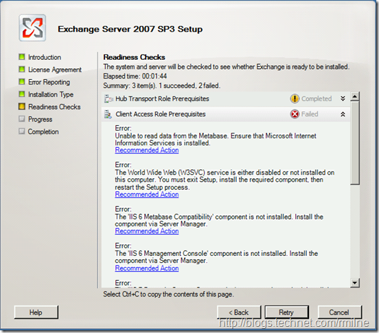 Exchange 2007 SP3 Typical Install Readiness Check Failed