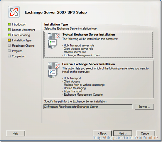 Exchange 2007 SP3 Typical Install Selected