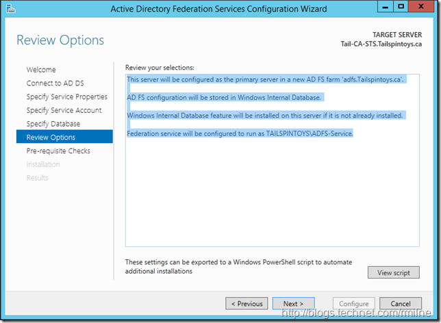 ADFS 2012 R2 Install Review Options