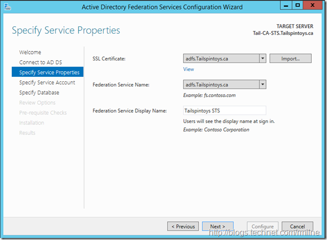 ADFS 2012 R2 Install Specify Service Properties