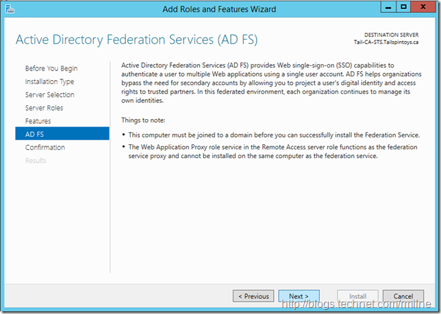 ADFS 2012 R2 Role Installation