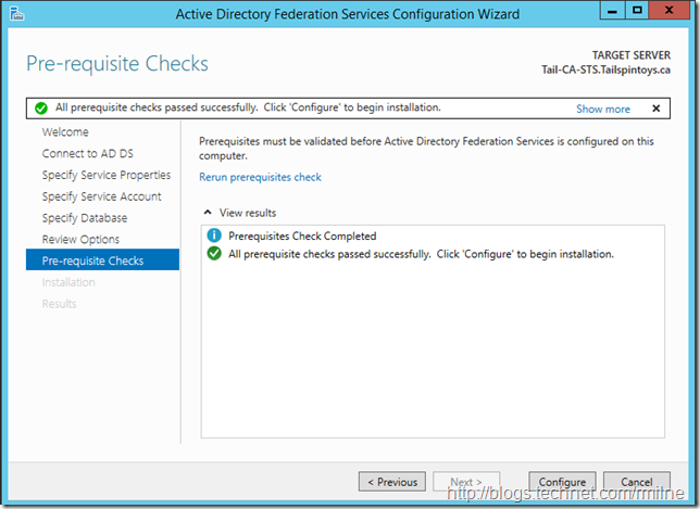 ADFS 2012 R2 Install Pre-Requisite Checks Completed