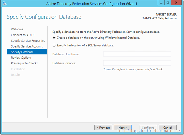 ADFS 2012 R2 Install Specify Database