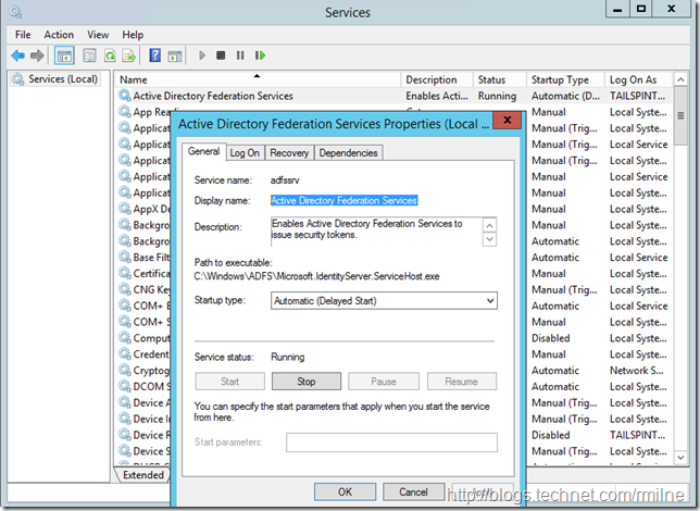 Server 2012 R2 ADFS Server Service Details