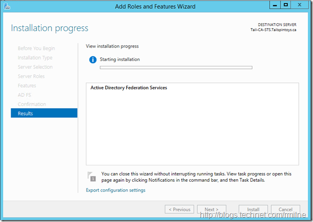 ADFS 2012 R2 Role Installation In Progress