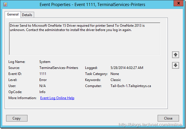 Client Printer Redirection Error 1111 on Server 2012 R2