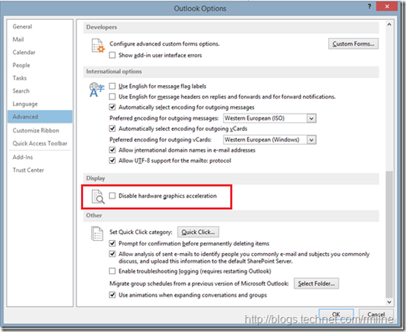 Outlook 2013 Disable Hardware Graphics Acceleration Using GUI
