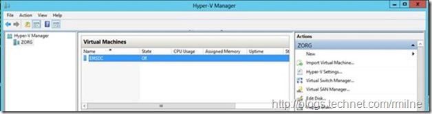 New Server 2012 Configuration Shown In Hyper-V Manager