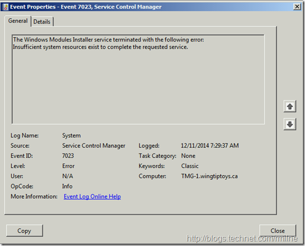 EventID 7023 Windoes Modules Installer Service Terminated Due To Insufficient System Resources