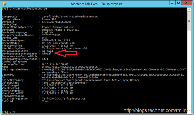 Get-ActiveSyncDevice Cmdlet Showing ActiveSync Device