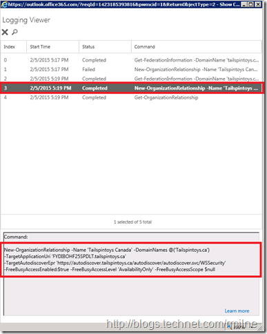 EAC Command Logging In New Tenant Showing Cmdlet Activity - Note The Highlighted Success