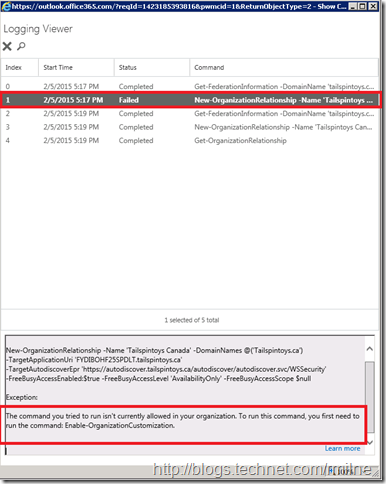 EAC Command Logging In New Tenant Showing Cmdlet Activity - Note The Highlighted Failure