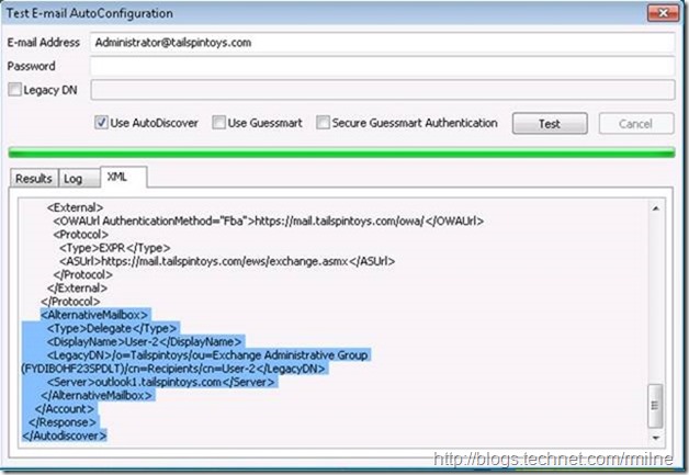 Test Email Address AutoConfiguration - XML Tab Showing Alternate Mailbox