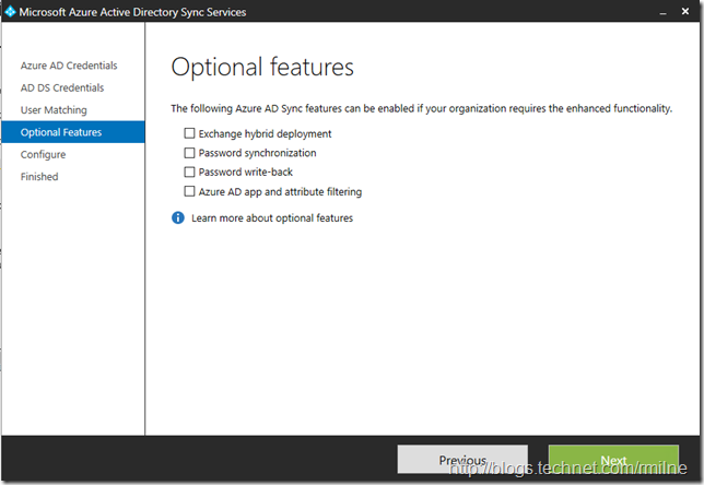 Configuring Azure AD Sync - Select Optional Features