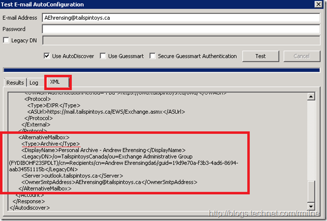 Test Email Auto Configuration Showing Alternate Mailbox