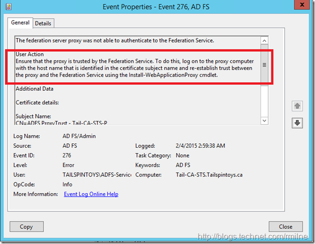 ADFS 2012 R2 EventID 276 - Federation Proxy Was Not Able To Authenticate To the Federation Service