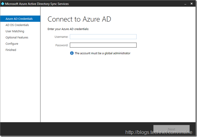 Configuring Azure AD Sync - Enter Office 365 Credentials