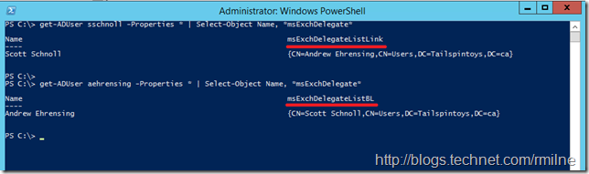 Using Get-ADUser to View msExchDelegate Entries