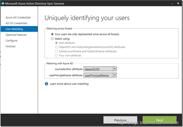 Configuring Azure AD Sync - Select Identity Matching