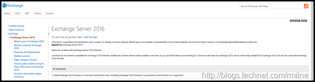 Exchange 2016 Preview TechNet Documentation