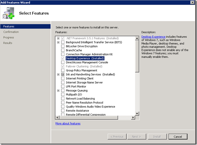 Windows 2008 R2 Add Features - Desktop Experienced Highlighted