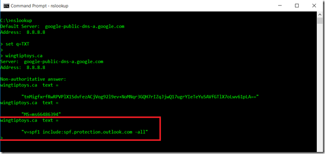 Using Nslookup In Interactive Mode To Query For SPF And Office 365 TXT Records