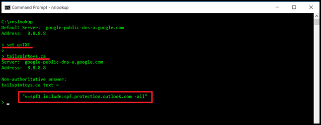 Using Nslookup In Interactive Mode To Query For SPF And Office 365 TXT Records