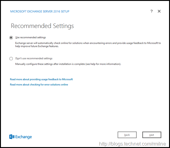 Starting Exchange 2016 Setup - Recommended Settings