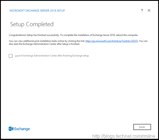 Exchange 2016 Setup - Setup Completed