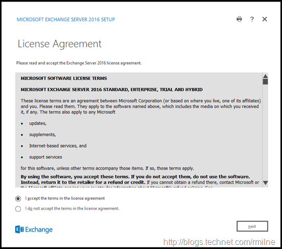 Starting Exchange 2016 Setup - License Agreement