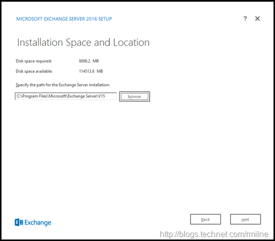 Starting Exchange 2016 Setup - Install Location