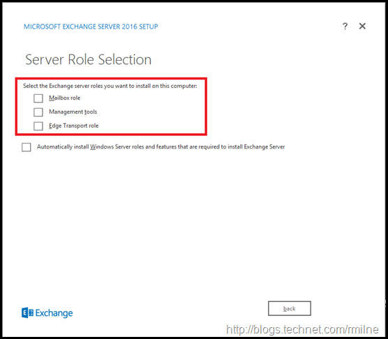 Starting Exchange 2016 Setup - Server Role Selection