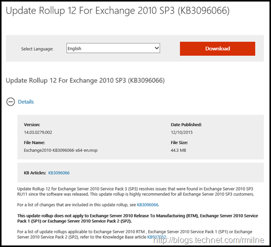 Exchange 2010 SP3 RU12 Download
