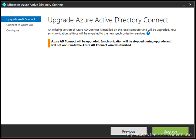 Launching Azure AD Connect Express Install Upgrade