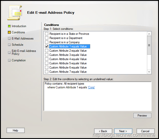 Exchange Email Adddress Policy Wizard - Select Conditions