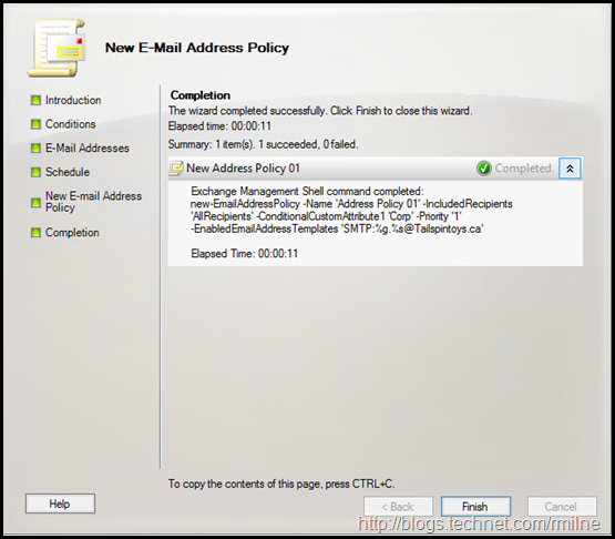 Exchange Email Adddress Policy Wizard - Email Address Policy Wizard Complete