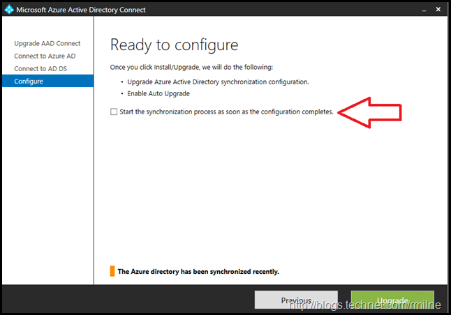 Upgrading Azure AD Connect Express Install Configuration Upgrade - Beware The Tick Box