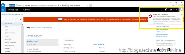 Office 365 Portal - Certificate Expiration Warning