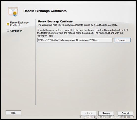 Exchange 2010 Renew Certificate Wizard - Starting